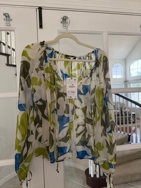 Zara NWT Size Large Lightweight Gauze Sheer Blouse in Multi Green/Blue